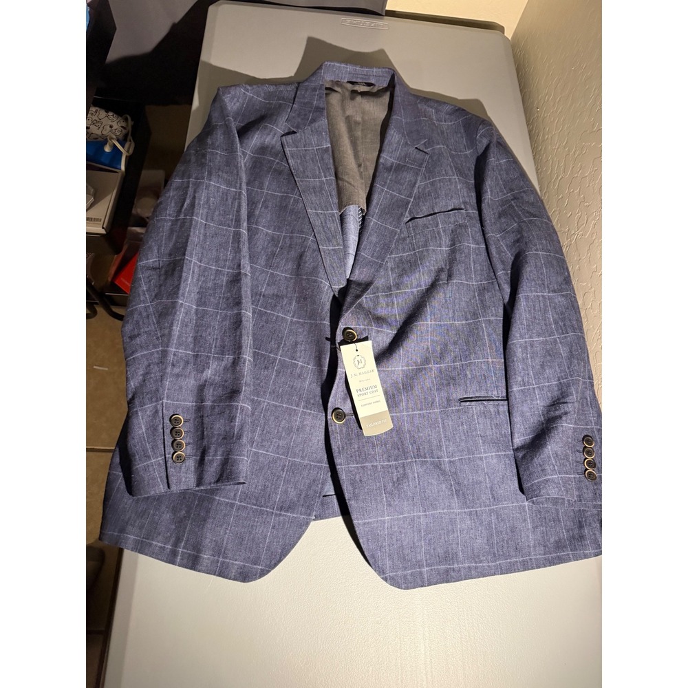 J.M. Haggar Premium Sport Coat Mens 56R Blue Windowpane Linen Blend Blazer